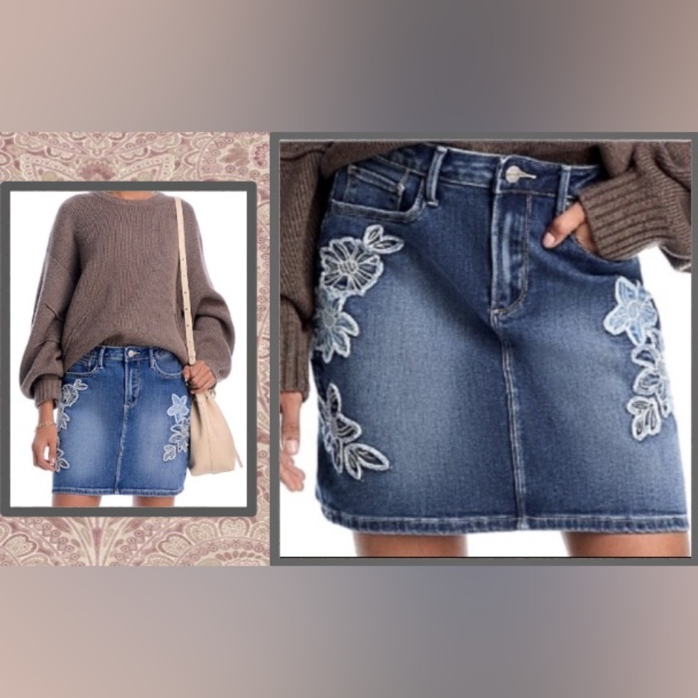 DRIFTWOOD Vintage Blue Floral Embroidered Denim Size Mini Skirt Size 28 (US 6)